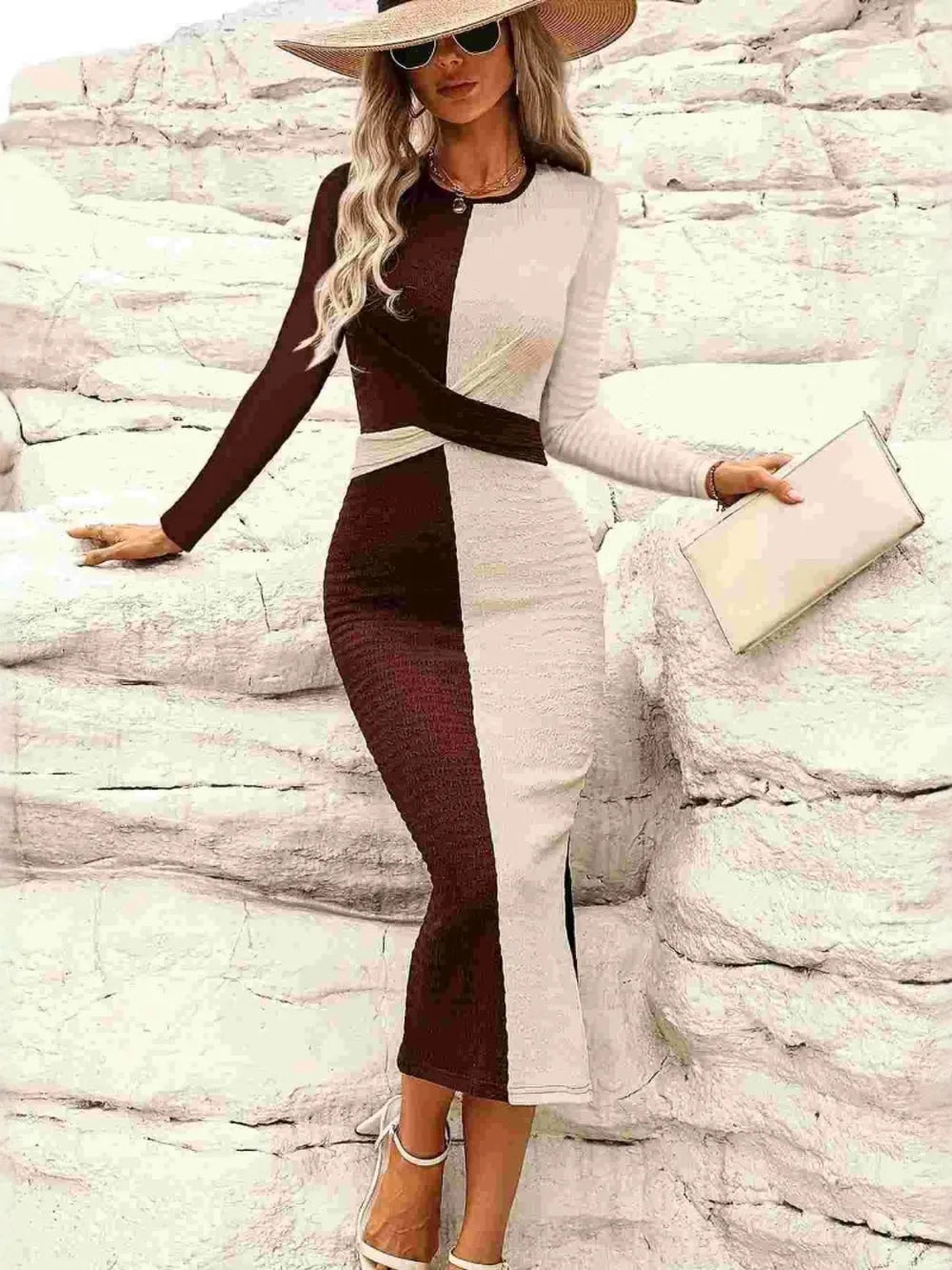 Two Tone Slit Round Neck Long Sleeve Midi Dress  Shop One Place