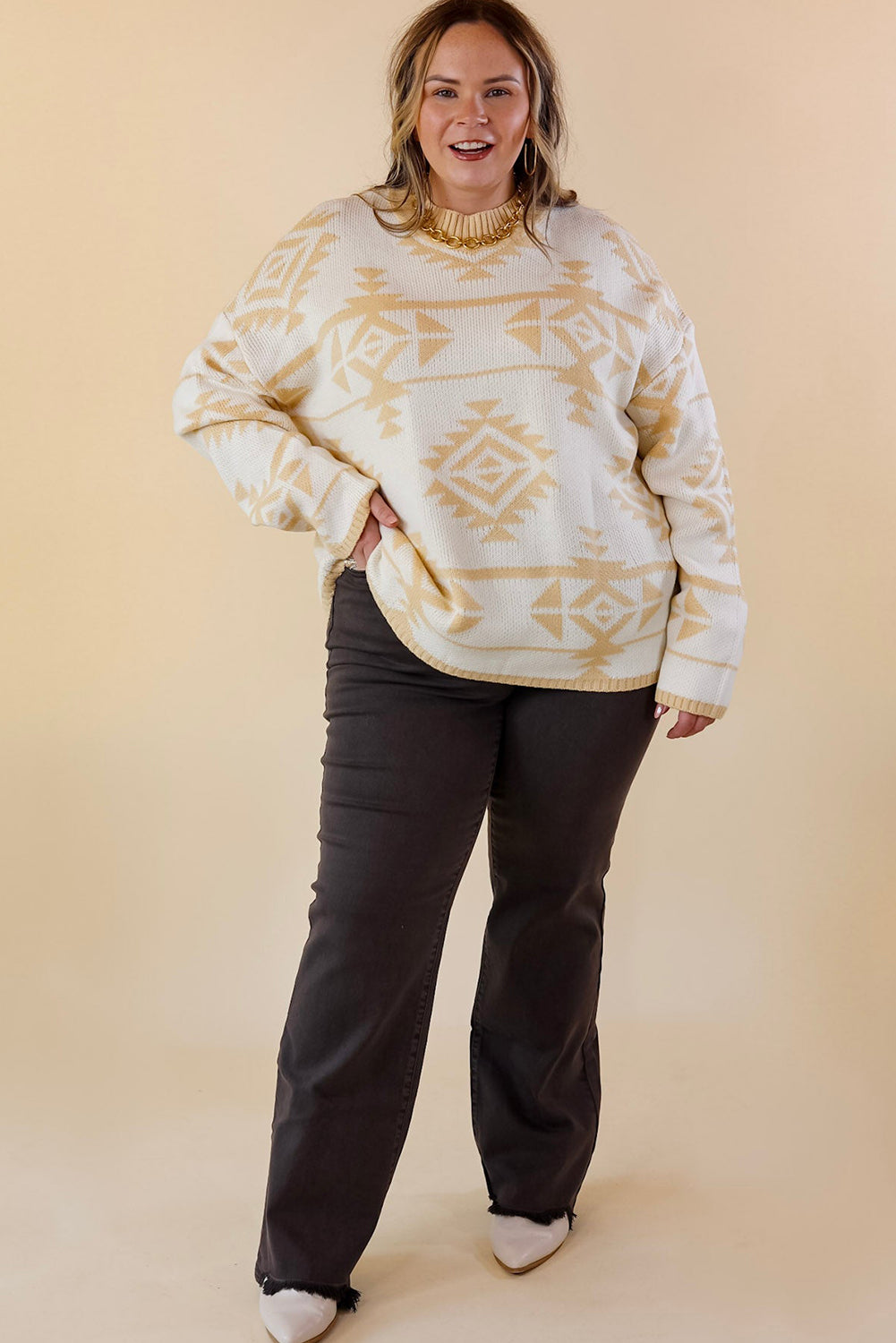 Apricot Plus Size Geometric Print Drop Sleeve Sweater