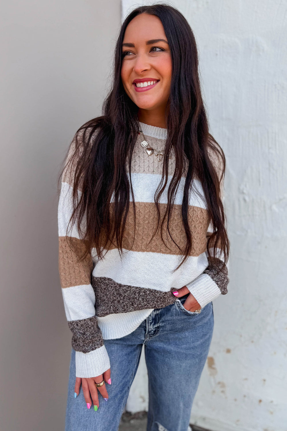Brown Mixed Texture Knit Striped Colorblock Loose Sweater  Shop One Place