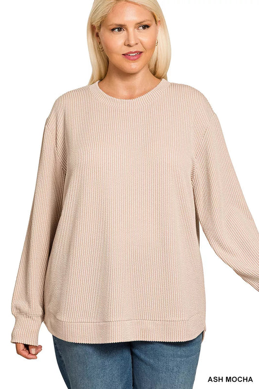 Zenana Full Size Raised Rib Round Neck Long Sleeve Top Plus Size  Shop One Place