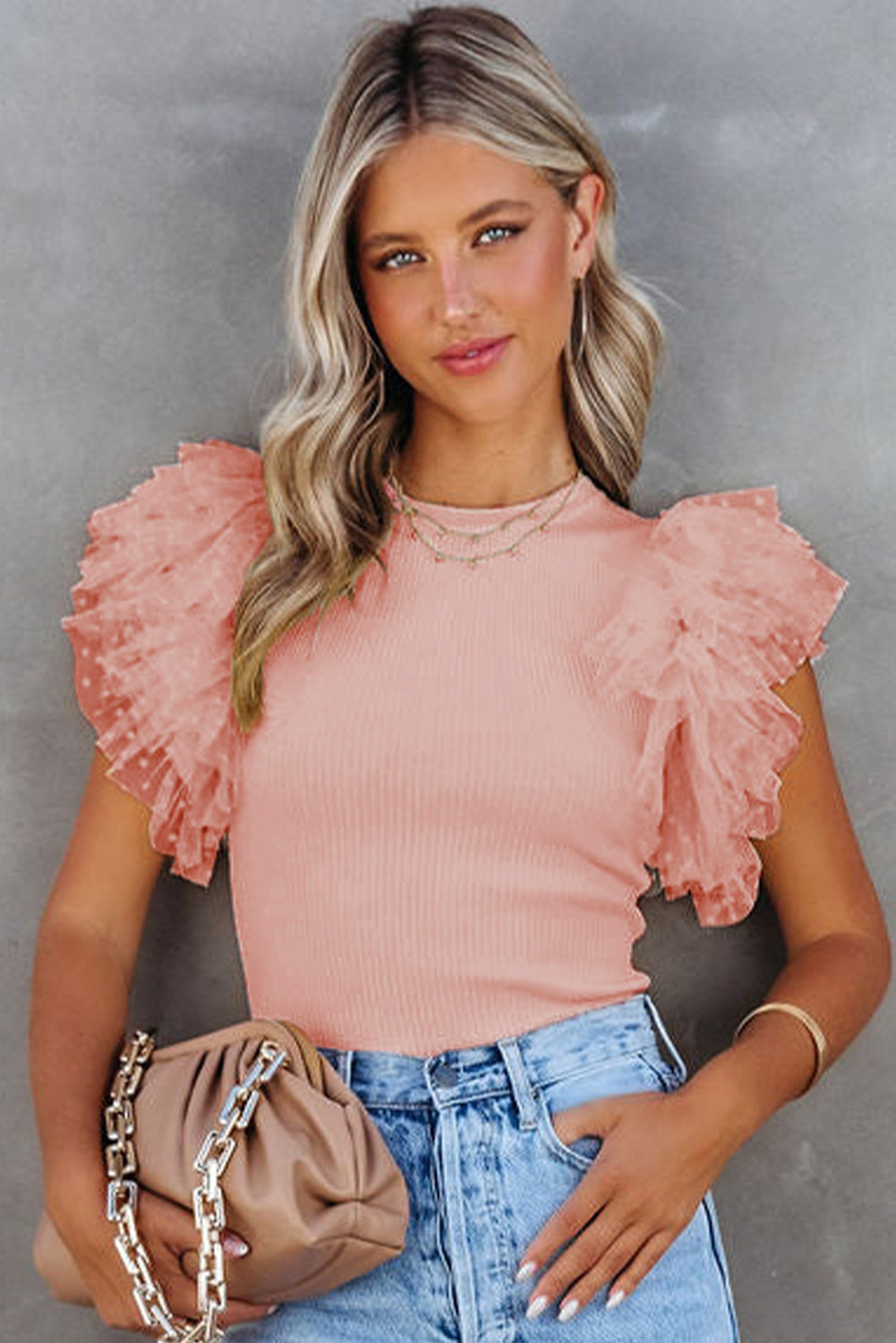 Pink Casual Dotty Layered Ruffle Ribbed Knit Top