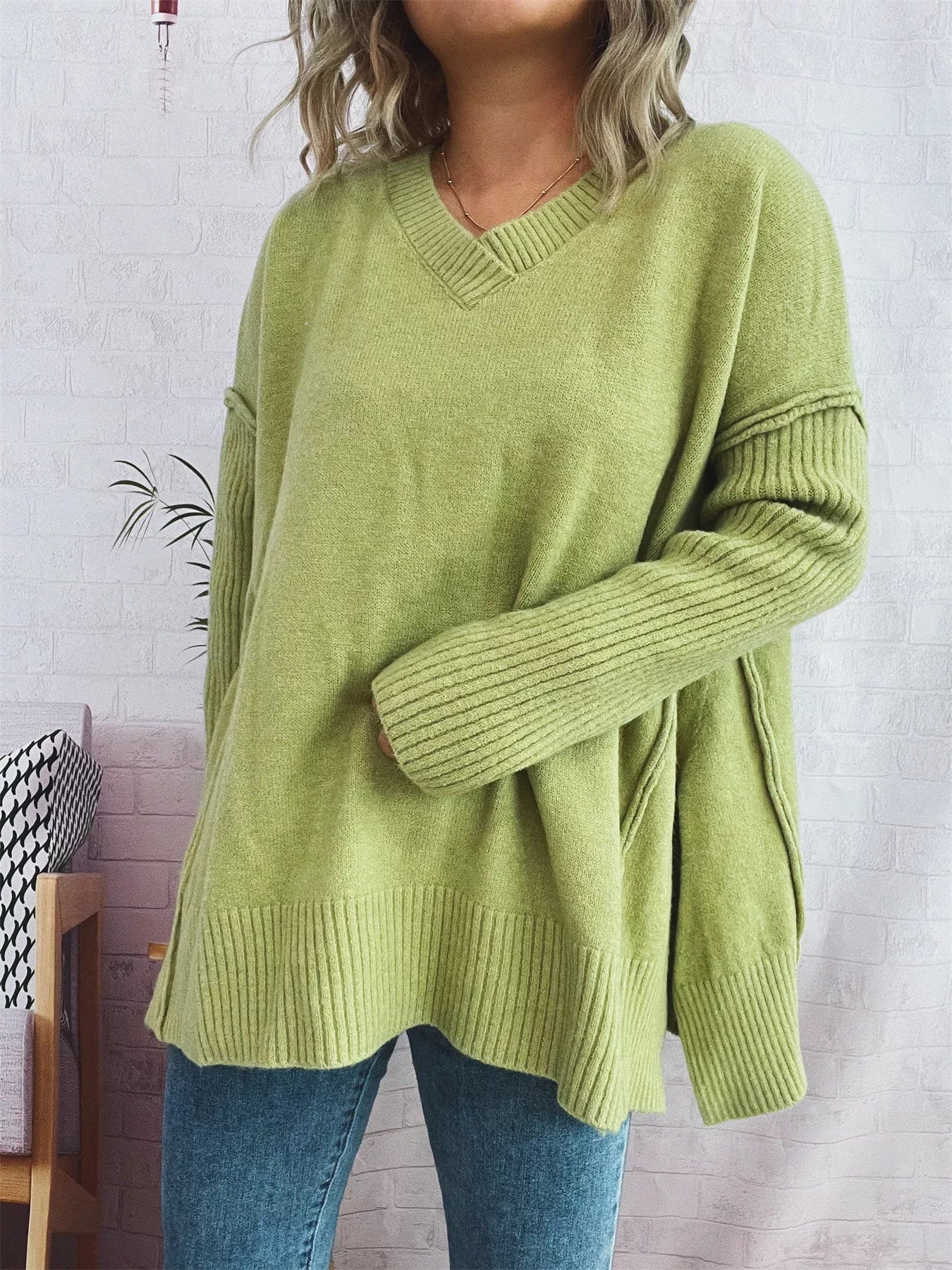 V-Neck Dropped Shoulder Sweater  Shop One Place