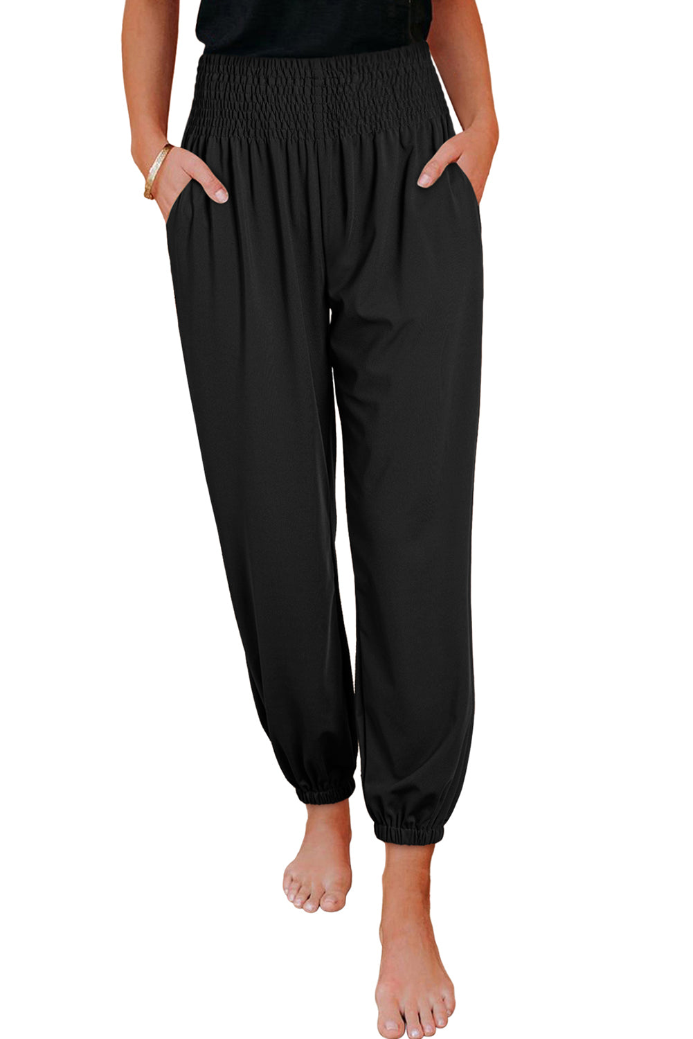 Black Pocketed Smocked High Waist Joggers