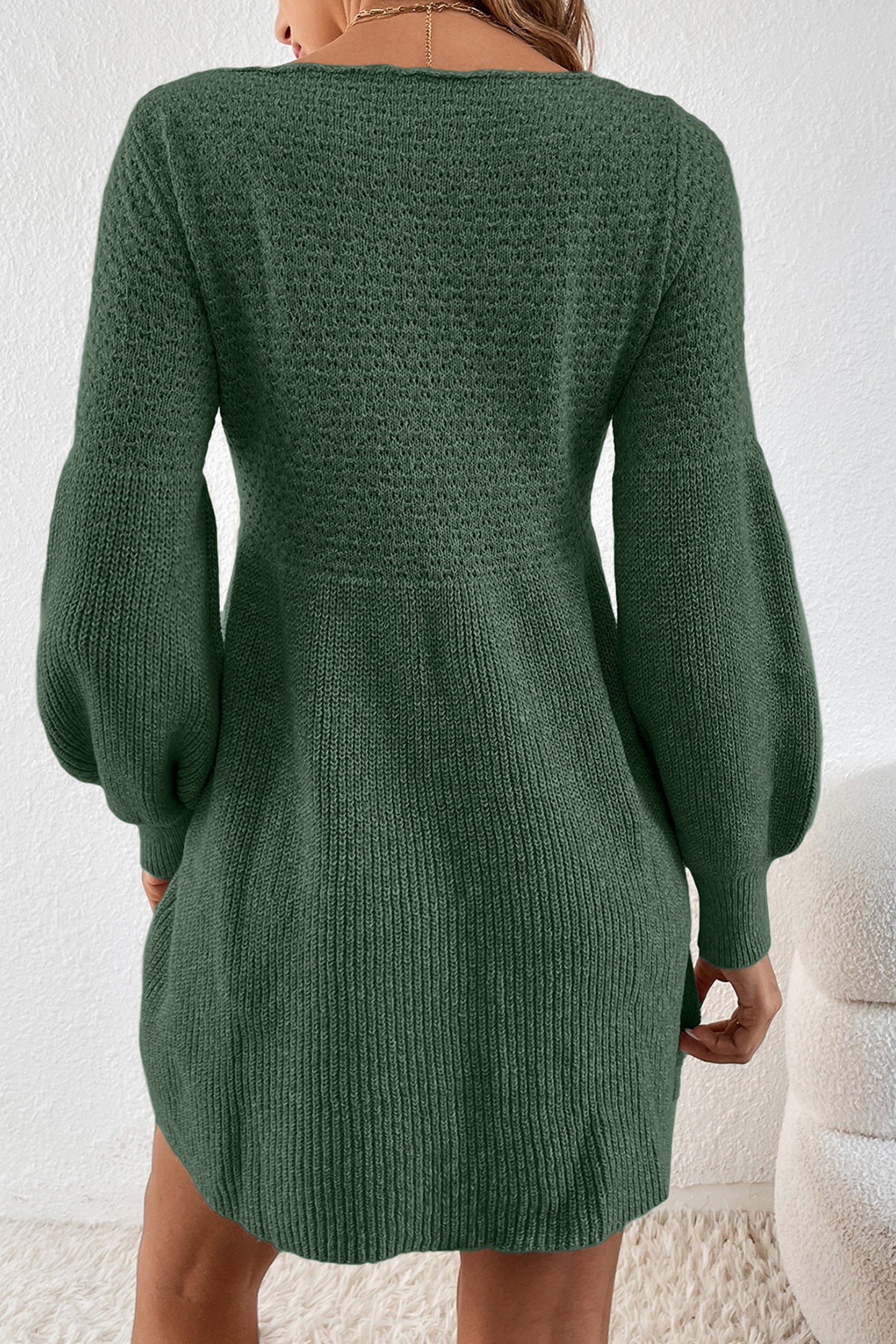 Mist Green Lantern Sleeve Sweater Dress - Cozy Empire Waist Knit Dress for Women