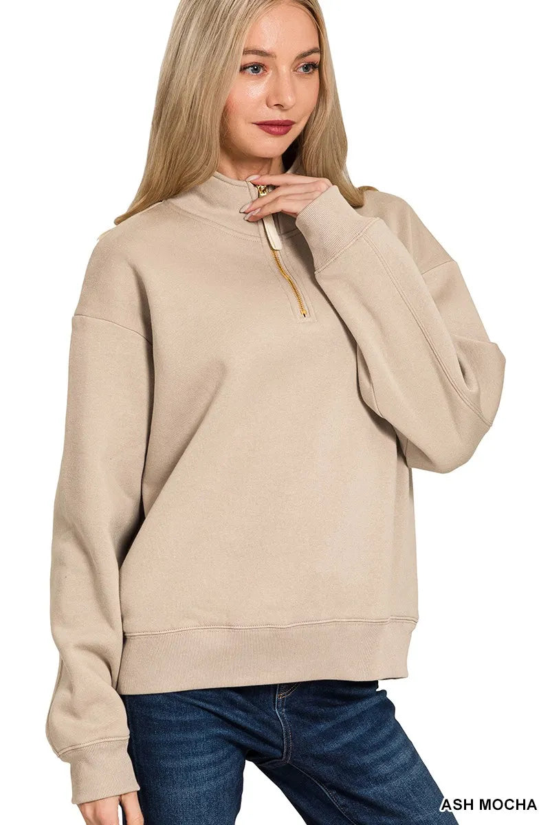 Zenana Fleece Half Zip Sweatshirt  Shop One Place