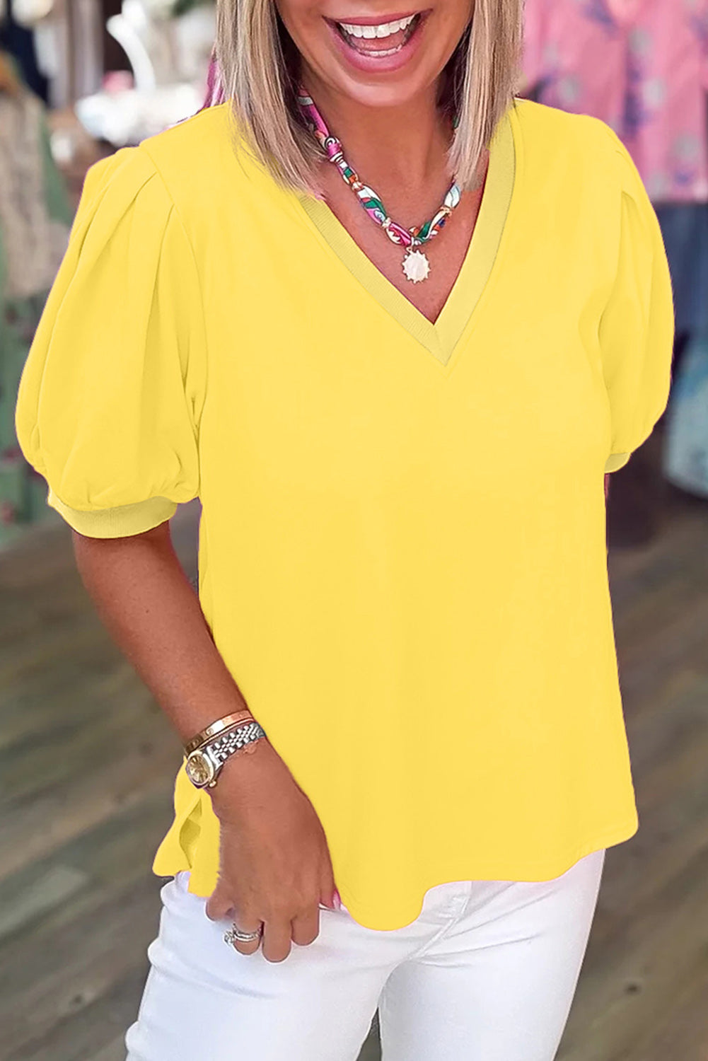 Turquoise Solid Color V Neck Short Puff Sleeve Blouse  Shop One Place