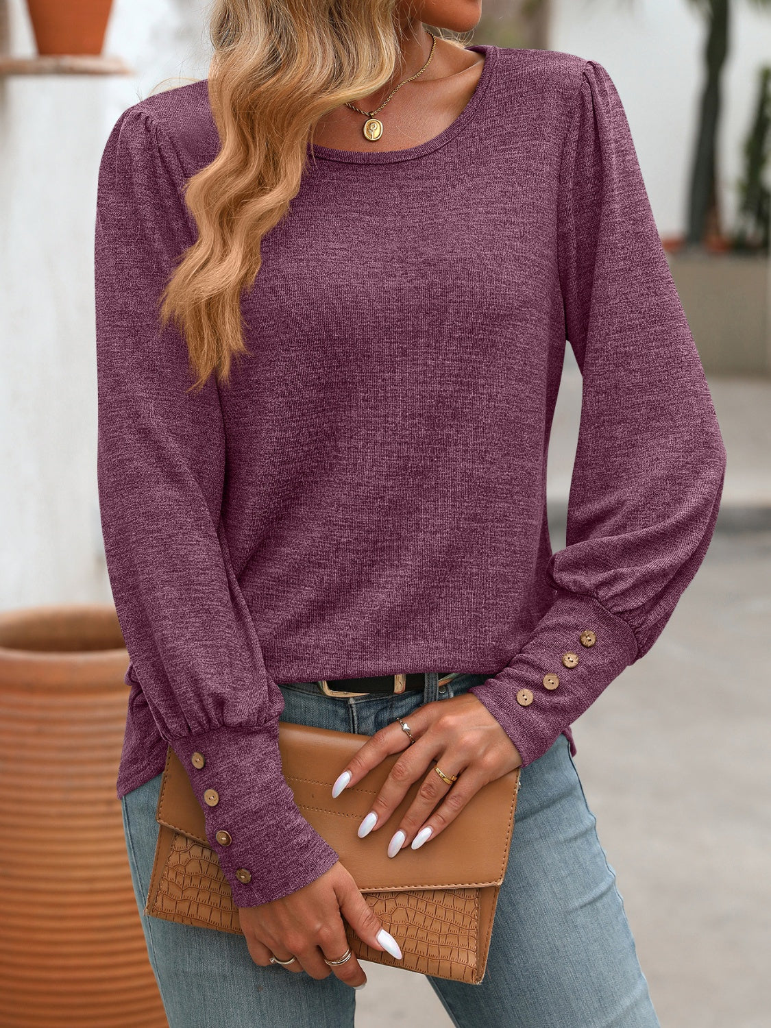 Decorative Button Round Neck Long Sleeve T-Shirt  Shop One Place
