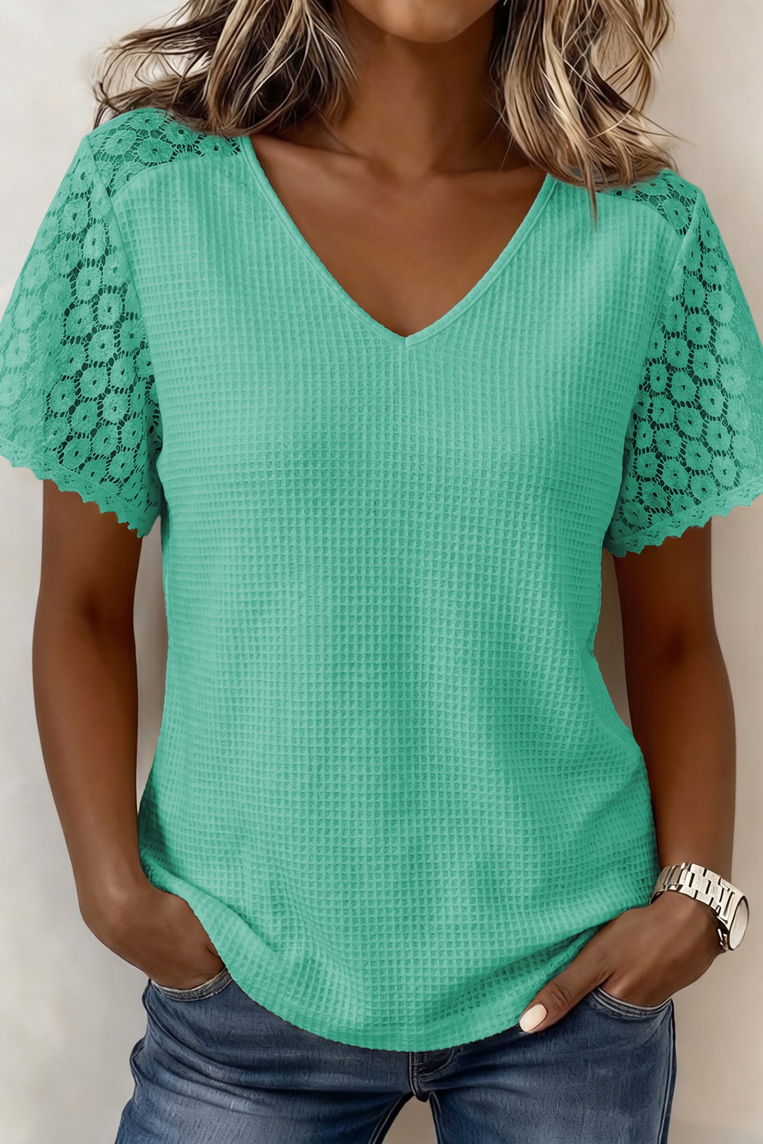 Pink Lace Splicing Button Cutout V Neck Waffle Knit Blouse  Shop One Place