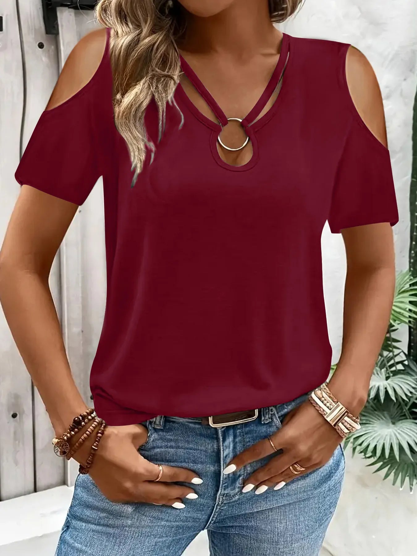 Cold Shoulder T-Shirt with Metal Ring Detail  Shop One Place