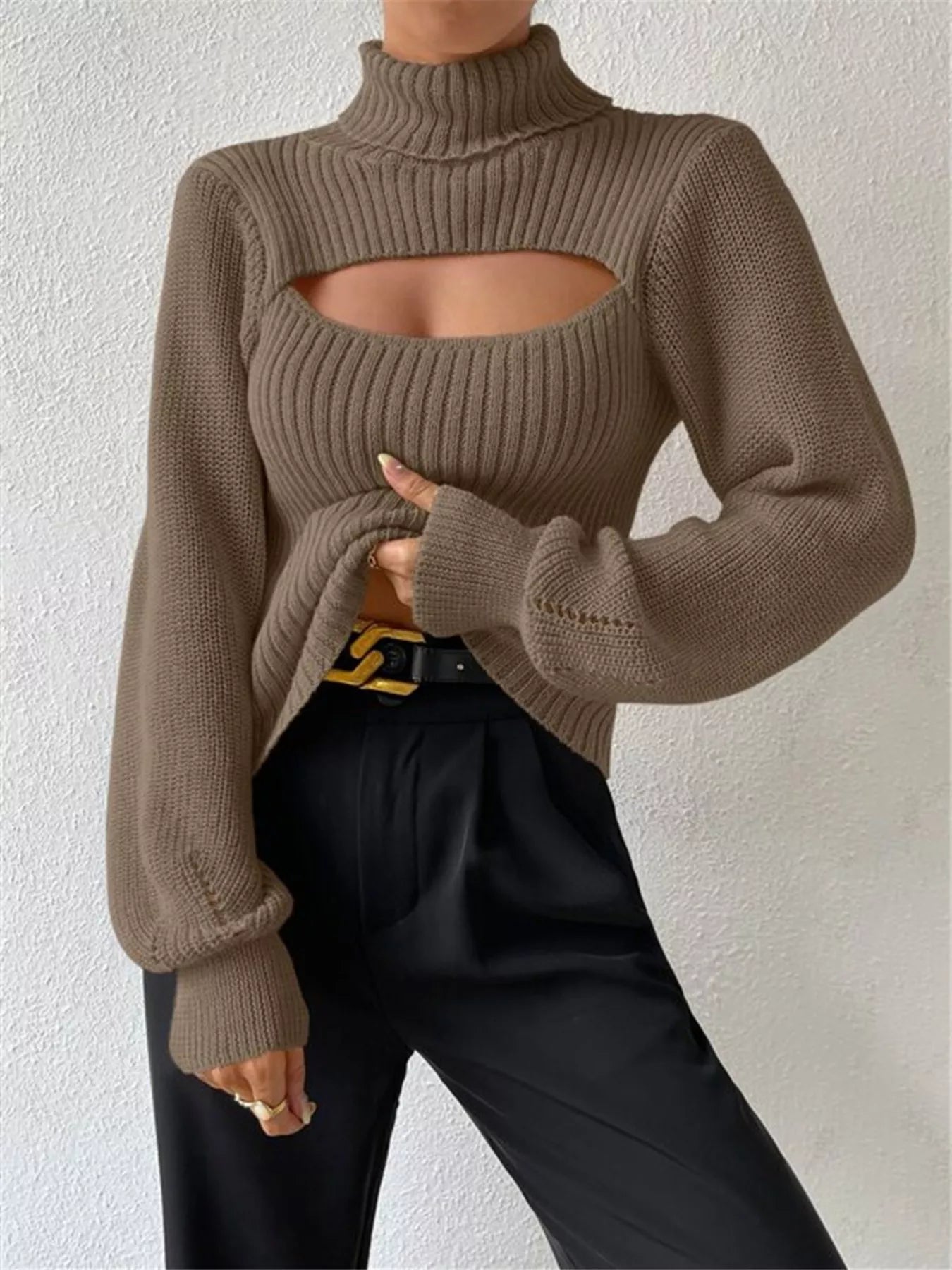 Cutout Front Turtleneck Long Sleeve Sweater  Shop One Place