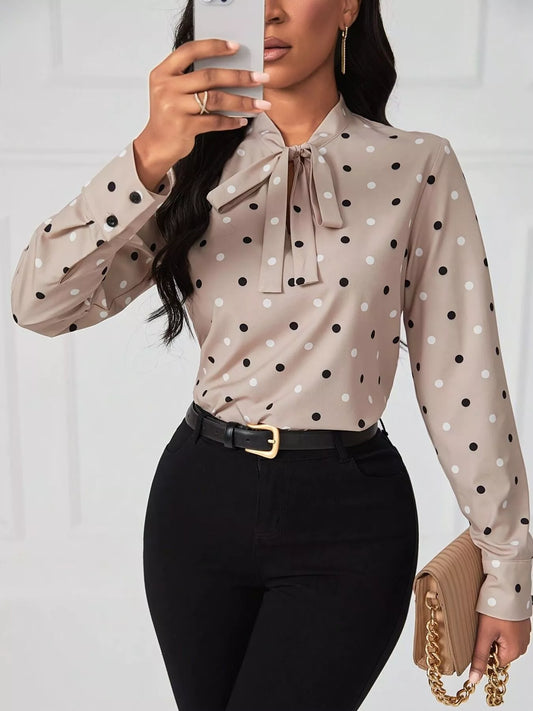 Polka Dot Tie Neck Blouse  Shop One Place