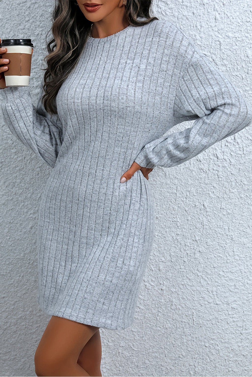 Gray Long Sleeve Solid Color Round Neck Hip Short Dress