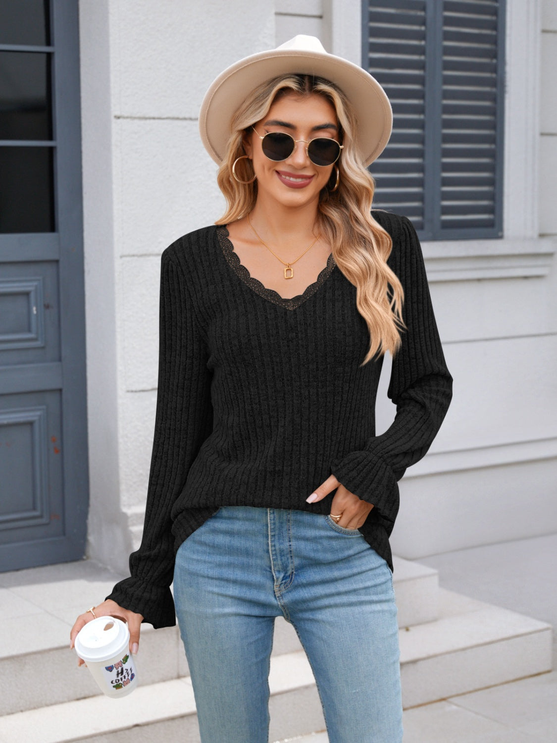 Lace Detail V-Neck Long Sleeve T-Shirt