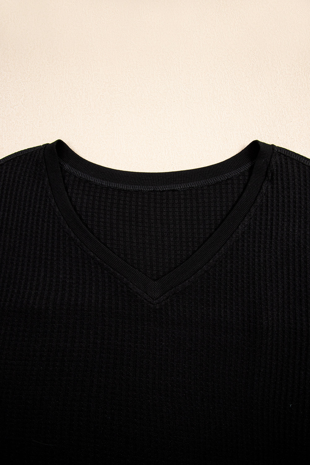Black Waffle Texture V Neck Drop Shoulder Loose Tee  Shop One Place