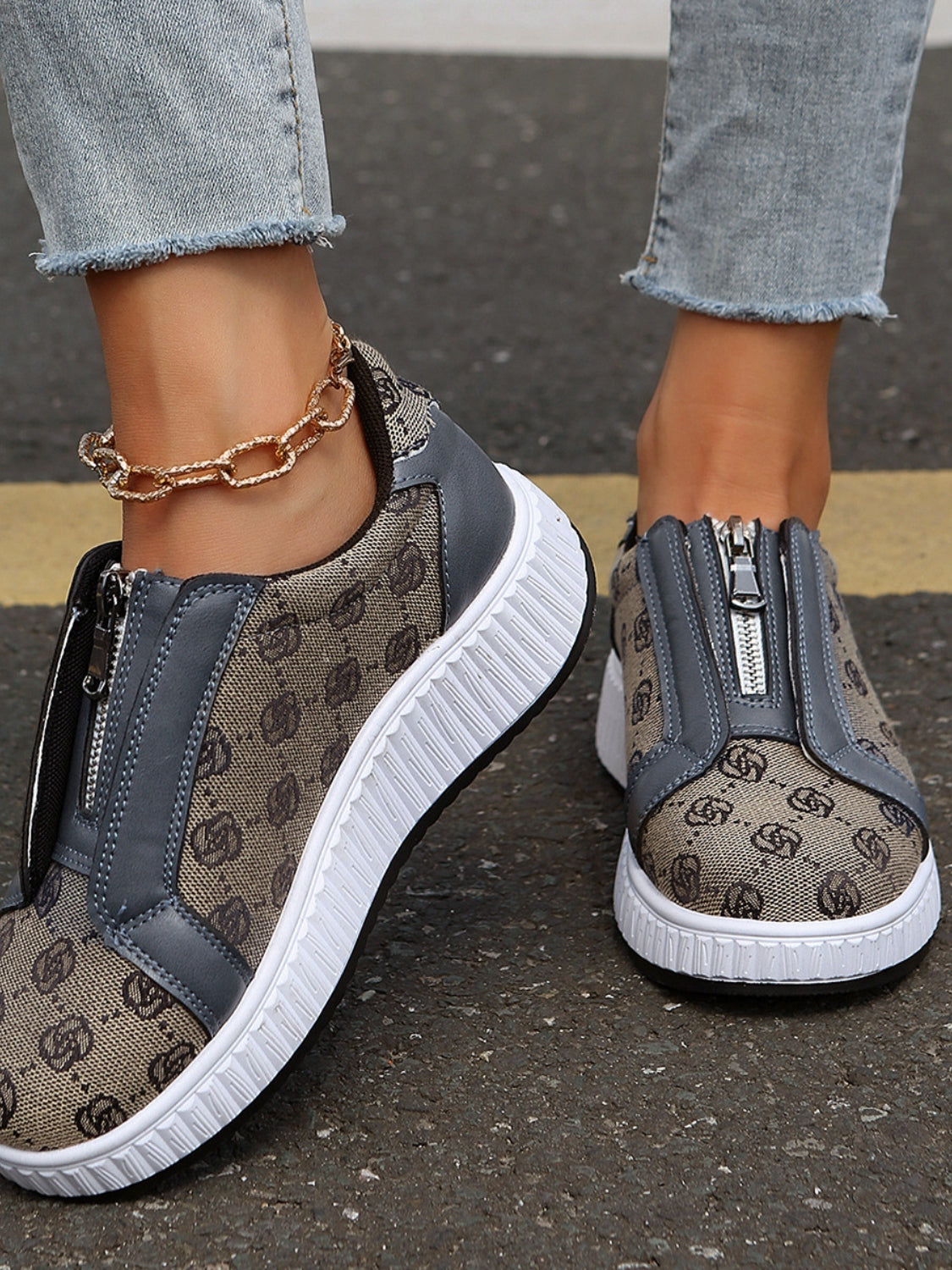 Floral Round Toe Sneakers with Zip  Shop One Place