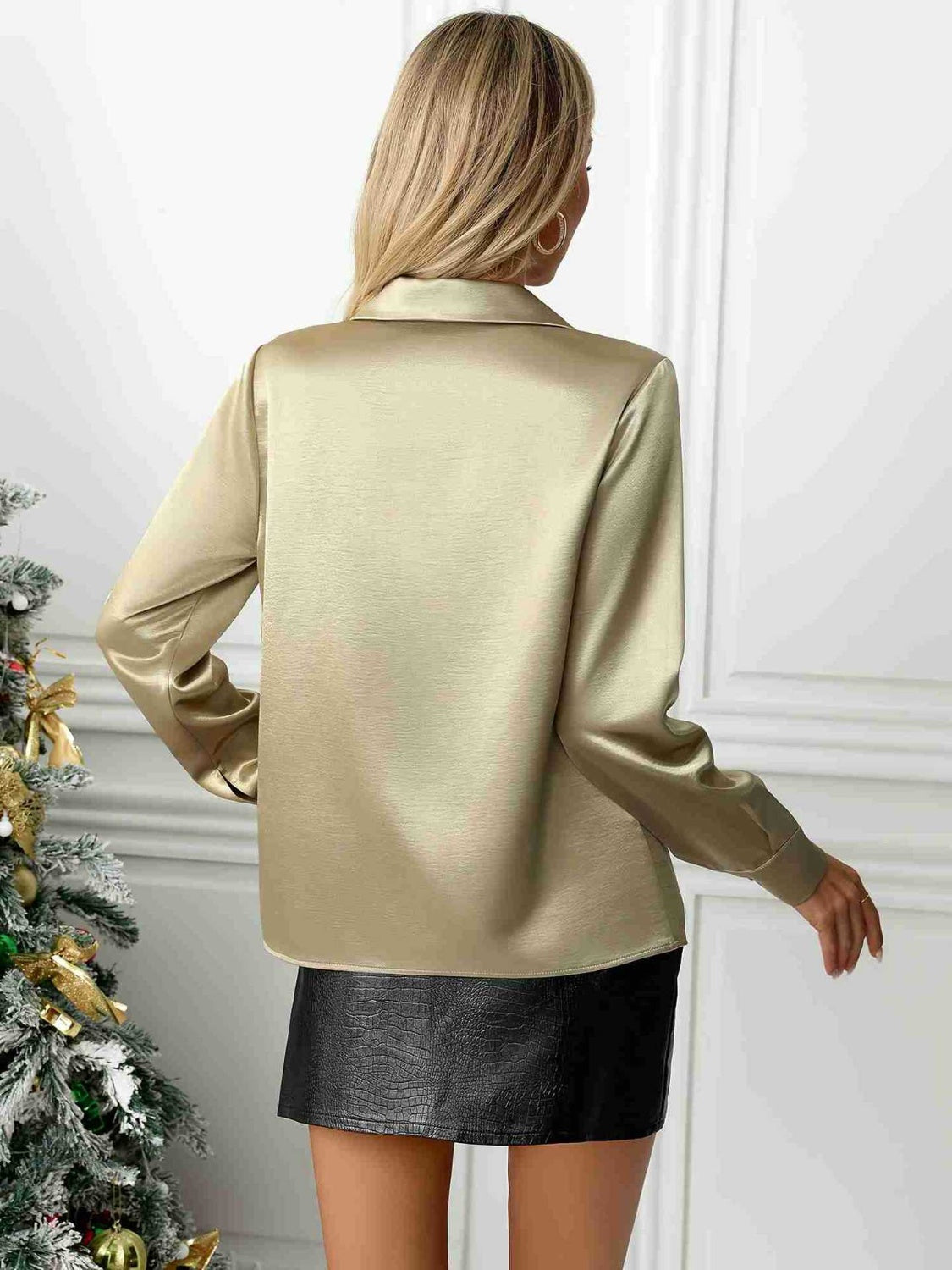 Collared Neck Button Down Long Sleeve Shirt  Shop One Place