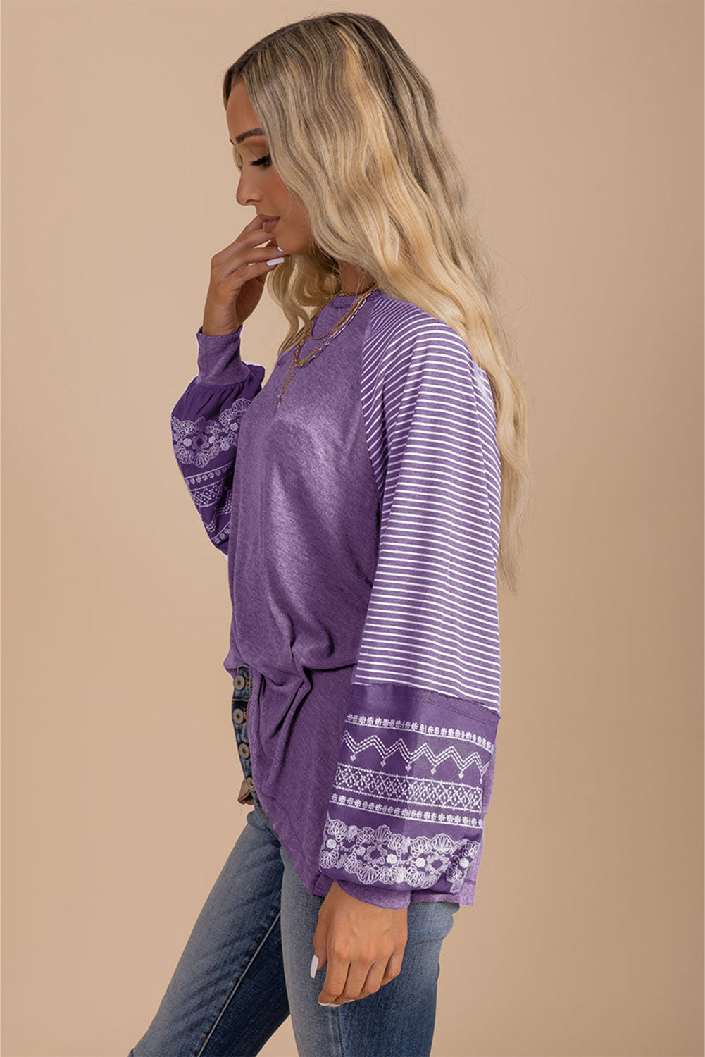 Contrast Print Striped Raglan Long Sleeve Loose Top  Shop One Place