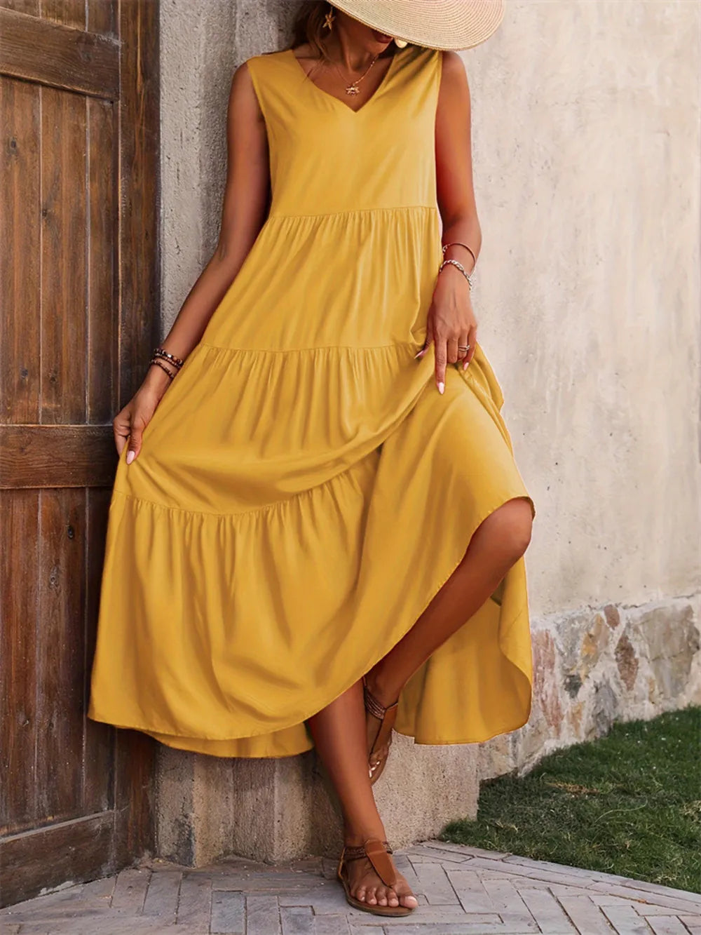 Tiered V-Neck Sleeveless Dress  Shop One Place