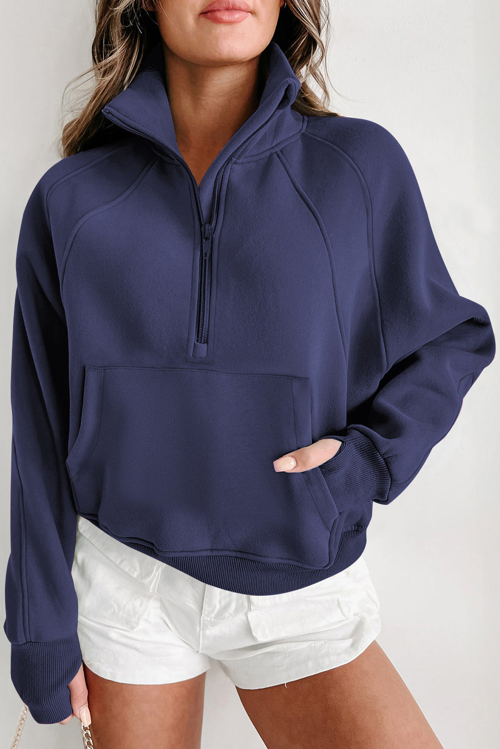 Zip Up Stand Collar Ribbed Thumbhole Sleeve Sweatshirt