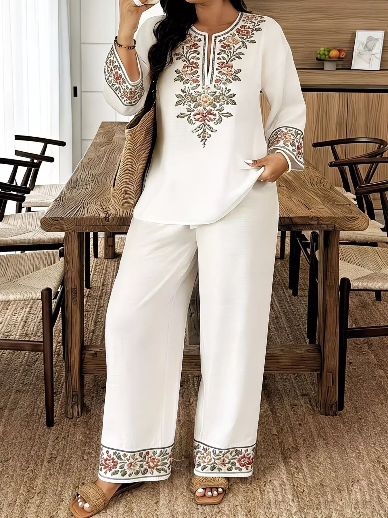 Full Size Embroidered Long Sleeve Top and Pants Set Plus Size  Shop One Place