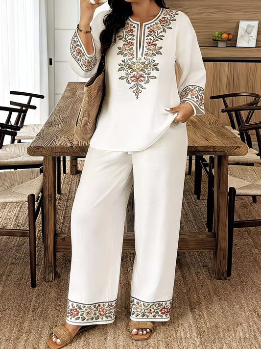 Full Size Embroidered Long Sleeve Top and Pants Set Plus Size  Shop One Place
