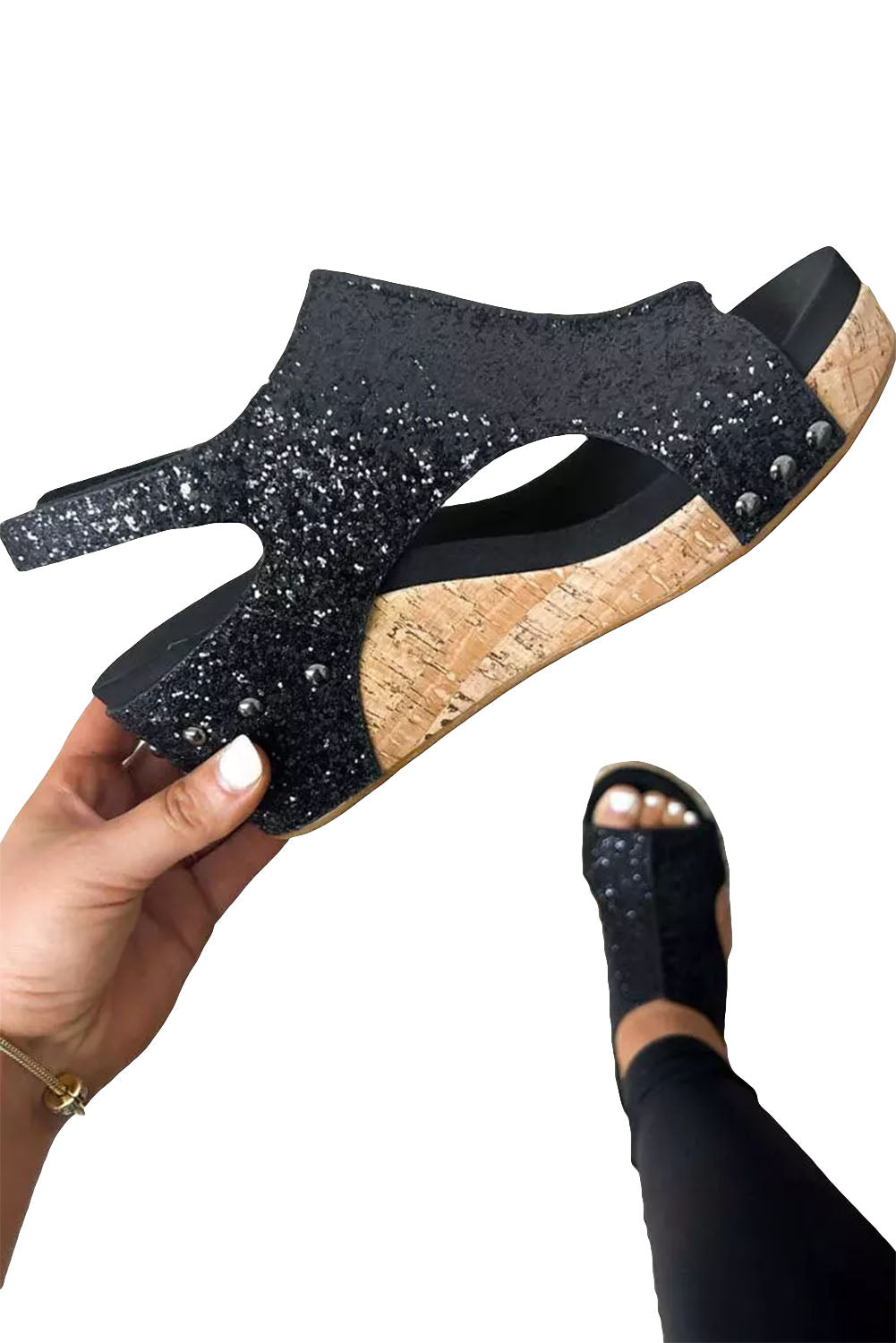 Black Buckle Hollow Out Sequin Wedge Sandals