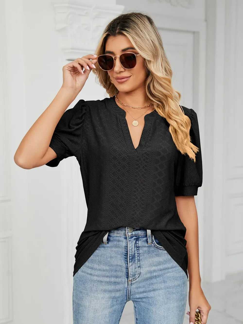 Florira Eyelet Notched Short Sleeve T-Shirt  Shop One Place