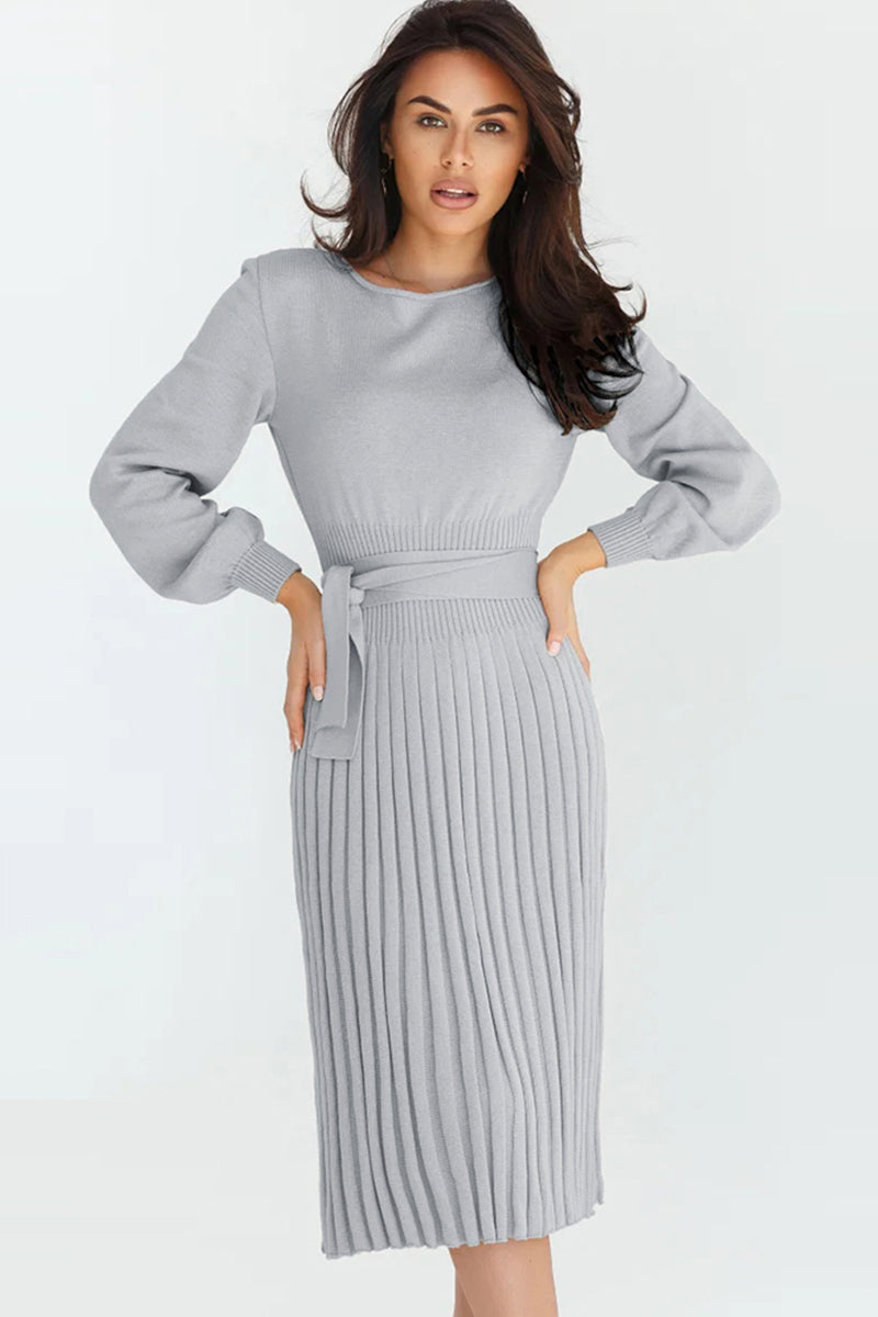 Round Neck Long Sleeve Pleated Sweater Dress  Shop One Place