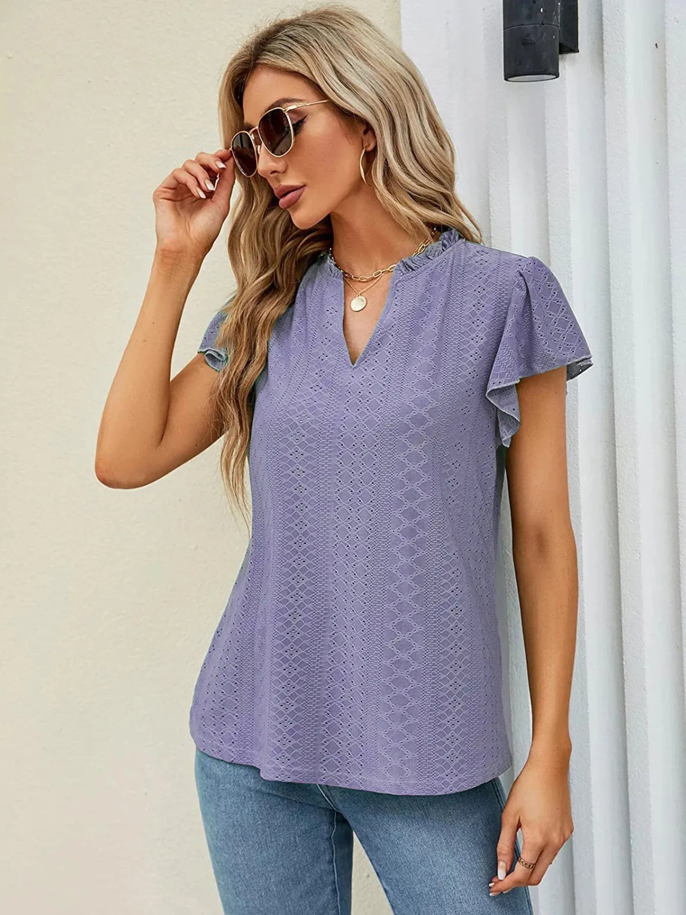Women's Eyelet Notched Neck Short Sleeve T-Shirt – Lightweight Casual Summer Top | Shop One Place  Shop One Place