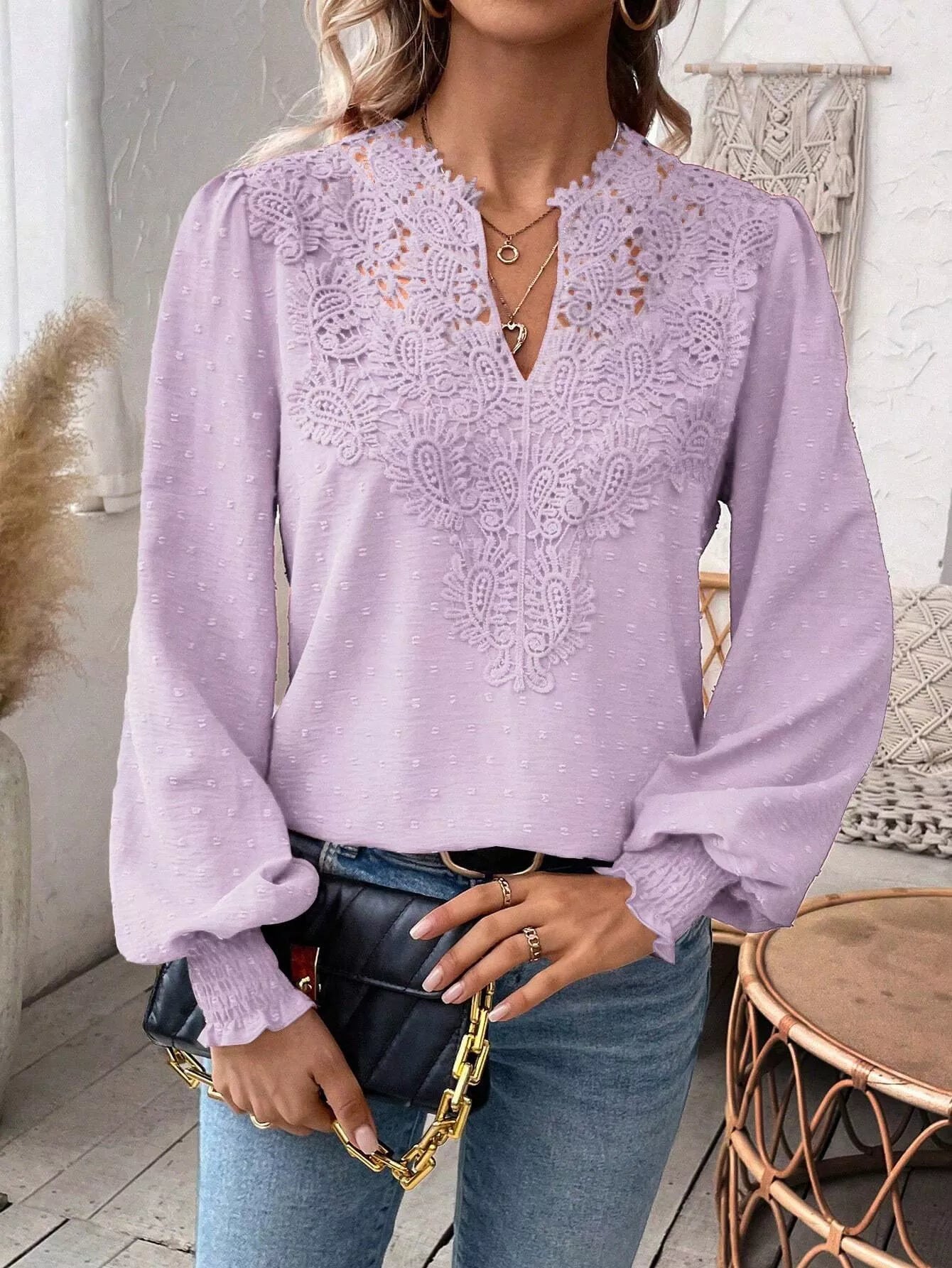 Swiss Dot Lace Detail Long Sleeve Blouse  Shop One Place