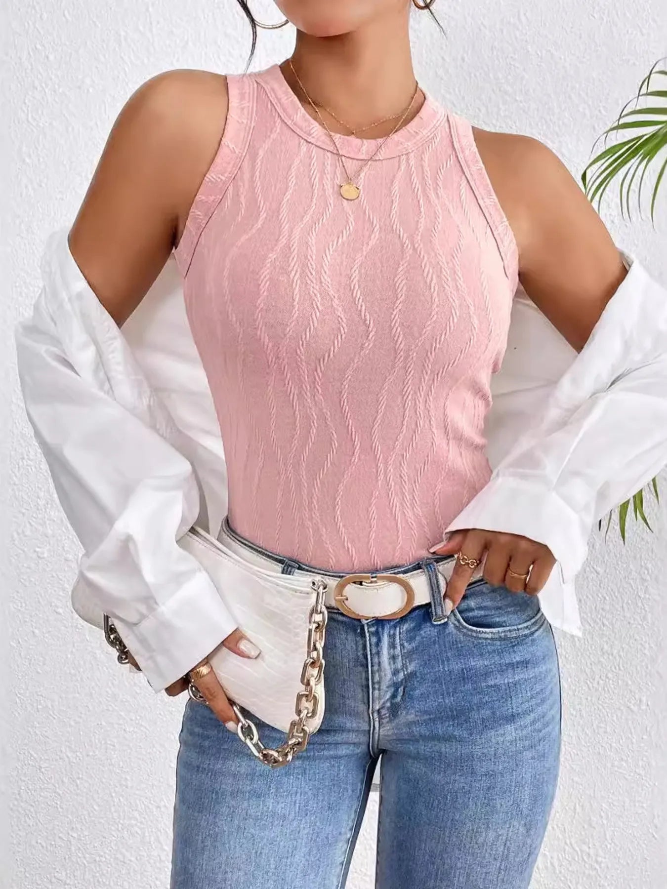 Textured Round Neck Tank Top  Shop One Place