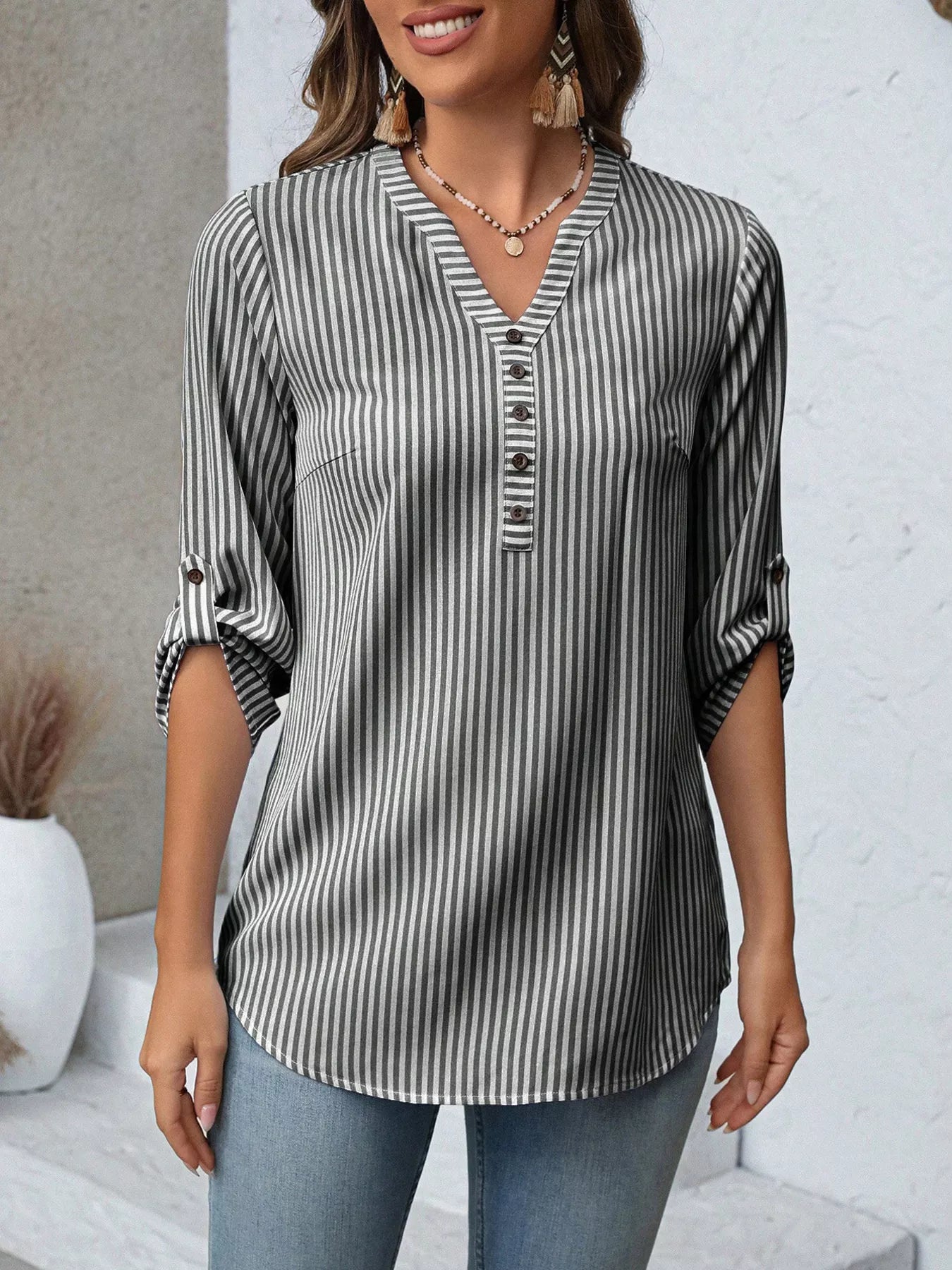 Striped V-Neck Roll-Up Sleeve Blouse  Shop One Place