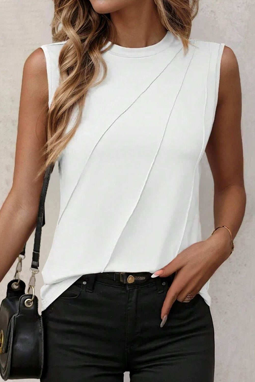 Black Solid Color Crew Neck Pleated Sleeveless Top  Shop One Place