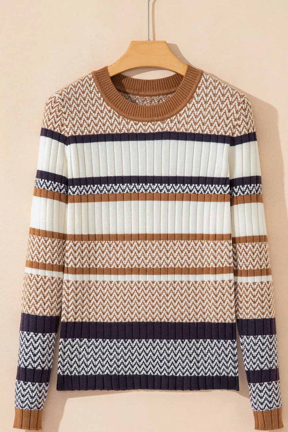 Stripe Stylish Pattern Knitted Ribbed Trim Slim Sweater  Shop One Place
