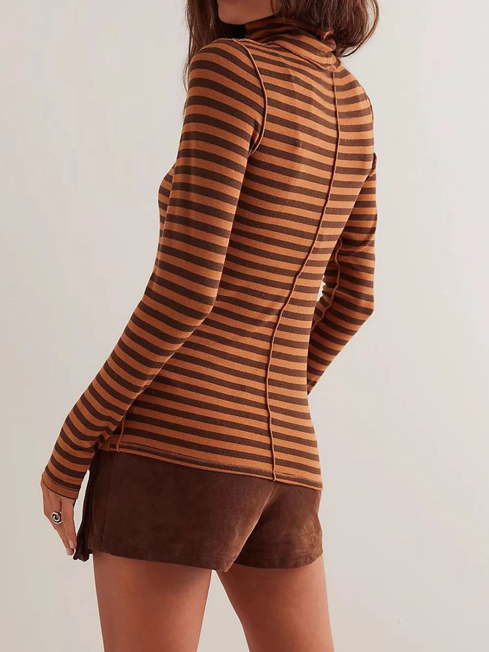 Exposed Seam Striped Turtleneck Long Sleeve T-Shirt  Shop One Place