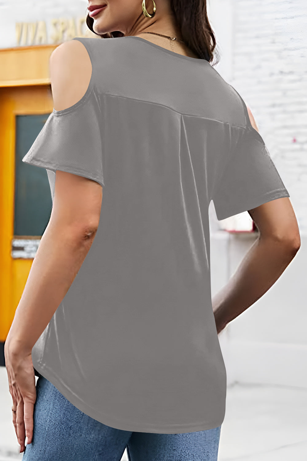 Full Size Half Zip Cold Shoulder Top  Shop One Place
