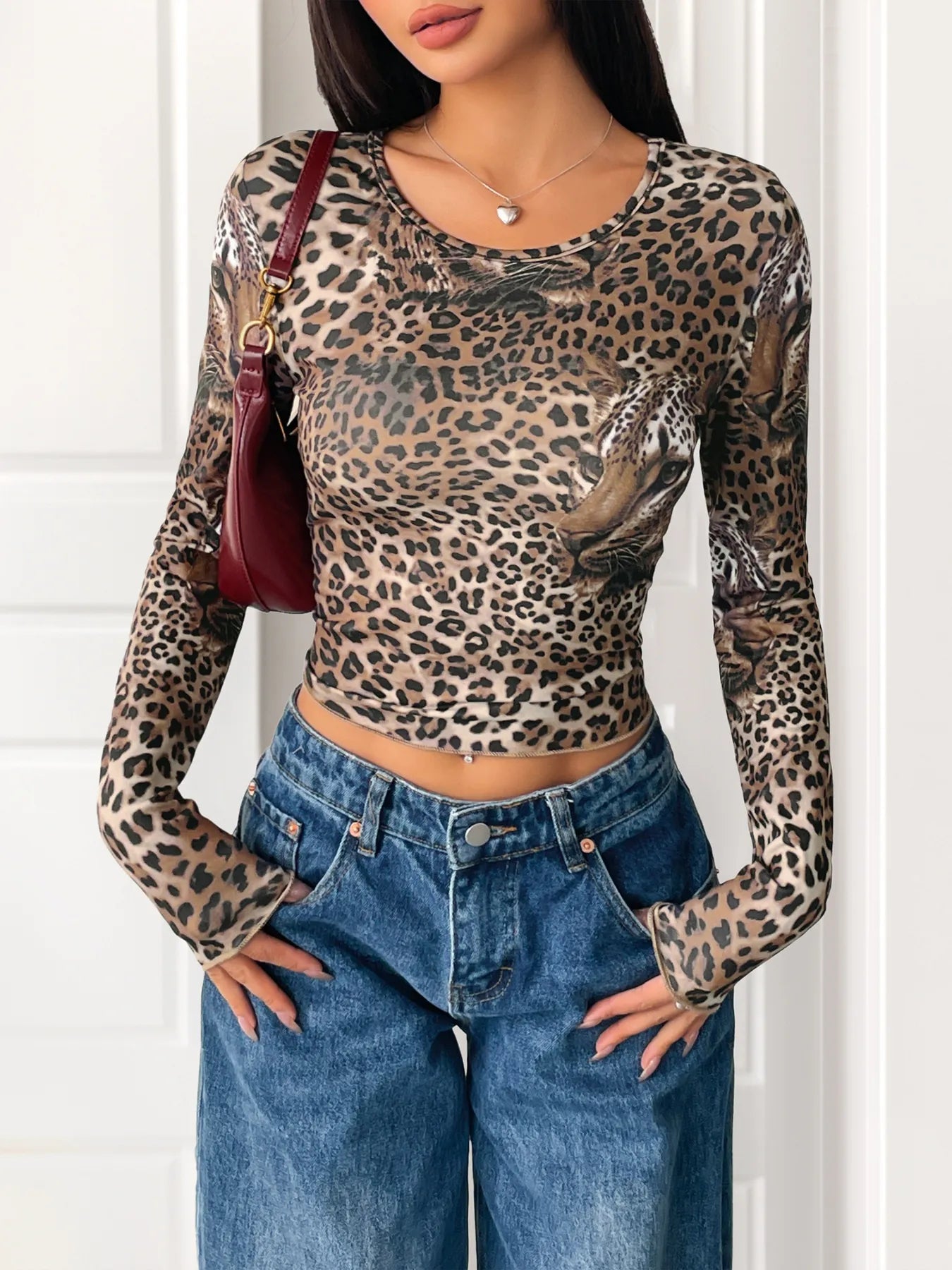 Leopard Print Long Sleeve Fitted T-Shirt  Shop One Place