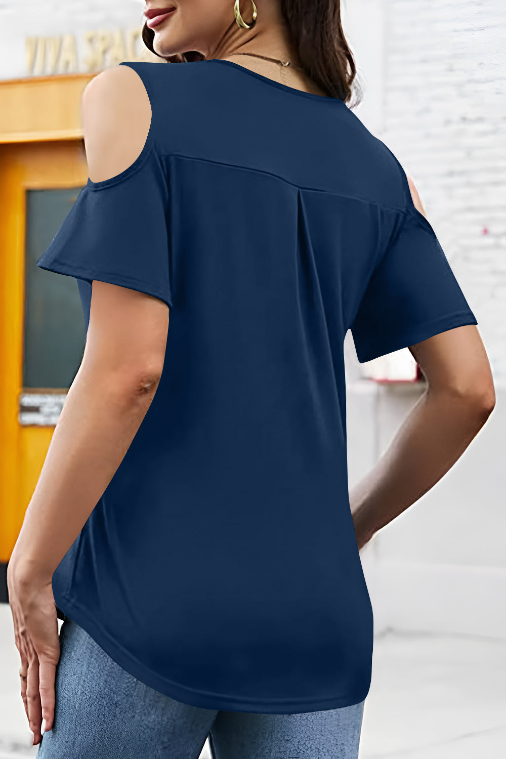 Full Size Half Zip Cold Shoulder Top  Shop One Place