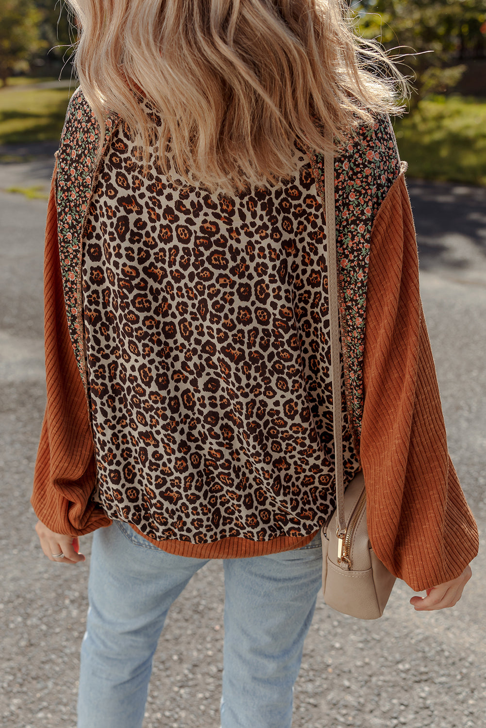 Brown Leopard Floral Print Ribbed Patchwork Puff Sleeve Loose Pullover  Shop One Place