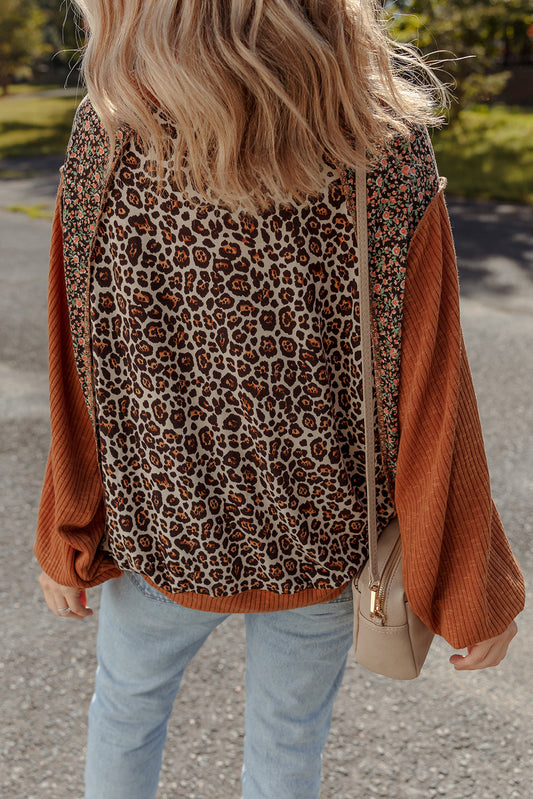 Brown Leopard Floral Print Ribbed Patchwork Puff Sleeve Loose Pullover  Shop One Place