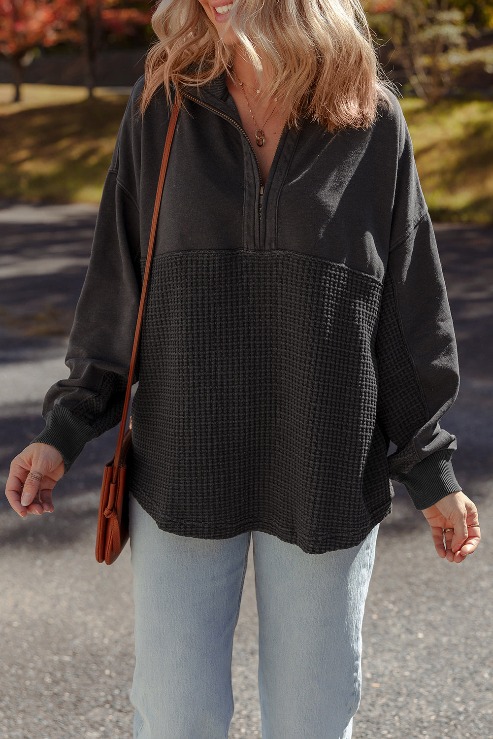 Carbon Grey Waffle Knit Patchwork Half Zipped Casual Sweatshirt  Shop One Place