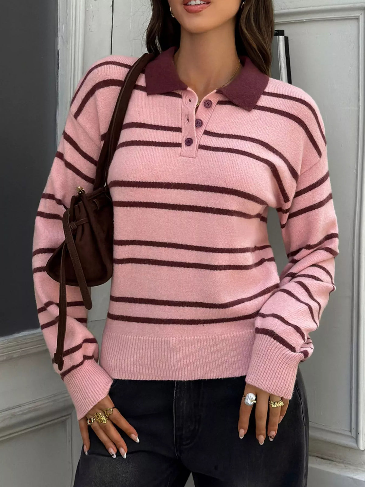 Women's Striped Polo Collar Sweater