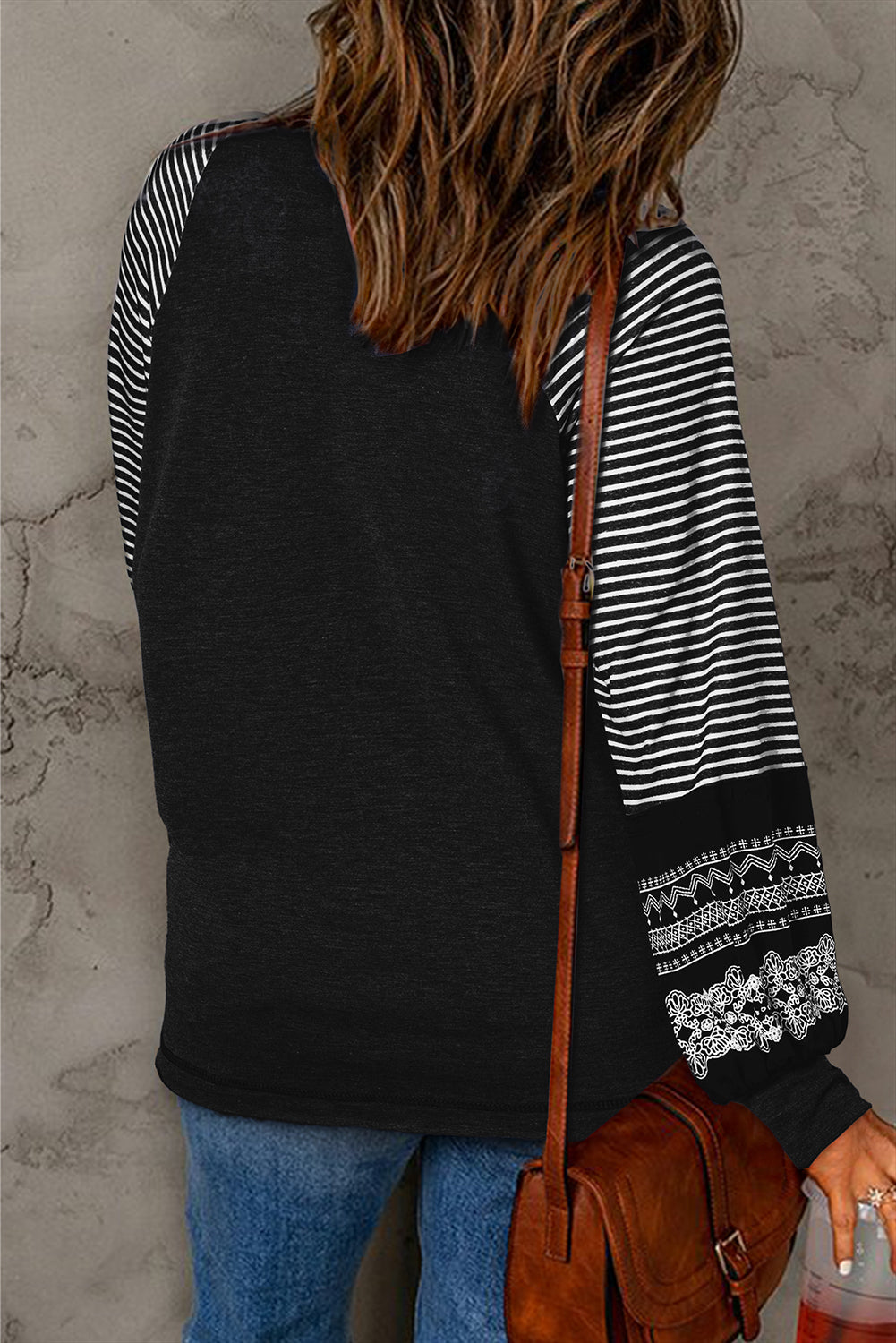 Contrast Print Striped Raglan Long Sleeve Loose Top  Shop One Place