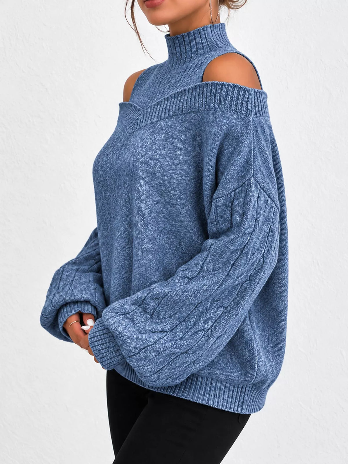 Women's Cold Shoulder Mock Neck Cable Knit Sweater – view 10