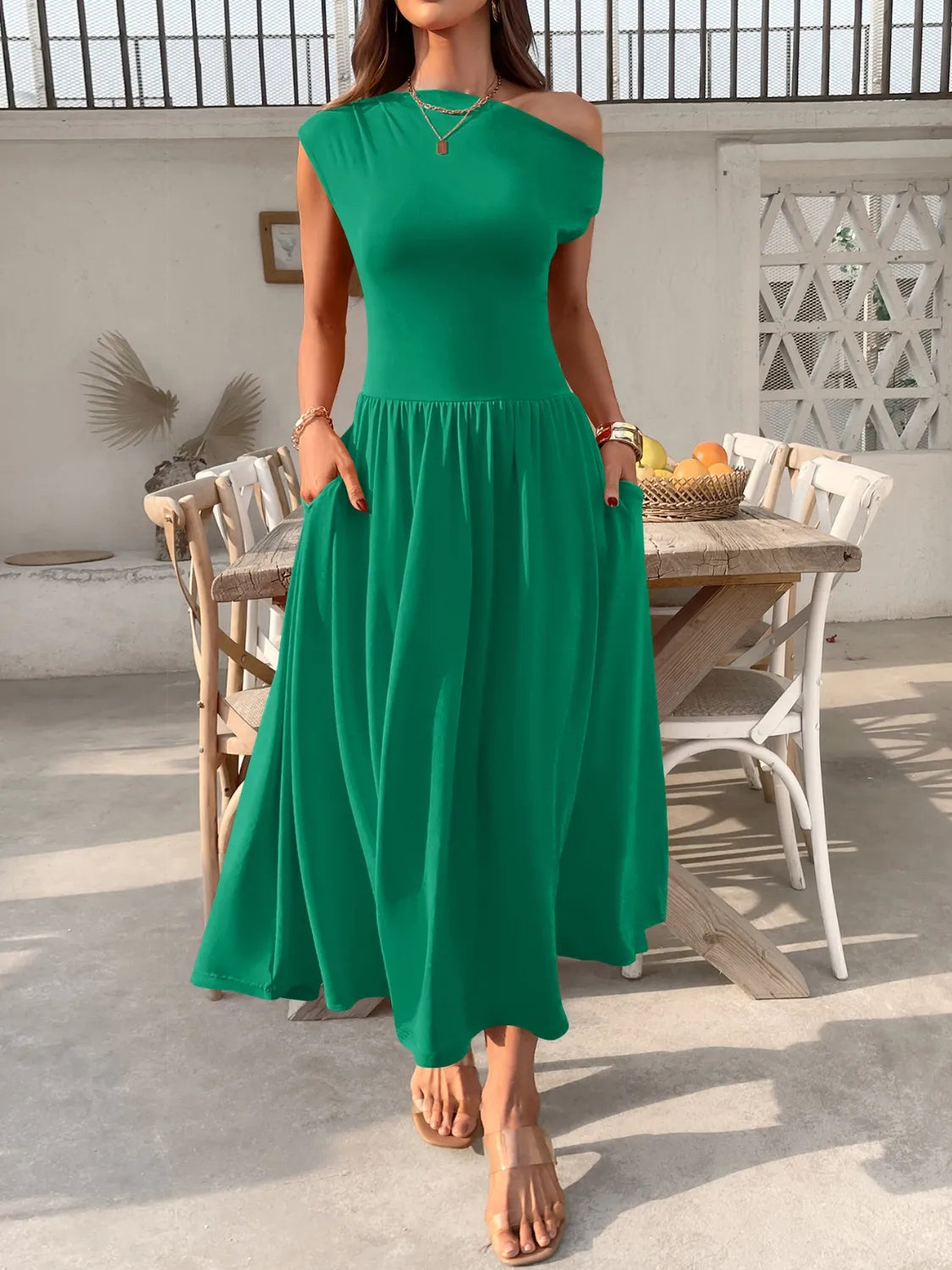 Single Shoulder Midi Dress with Pockets  Shop One Place