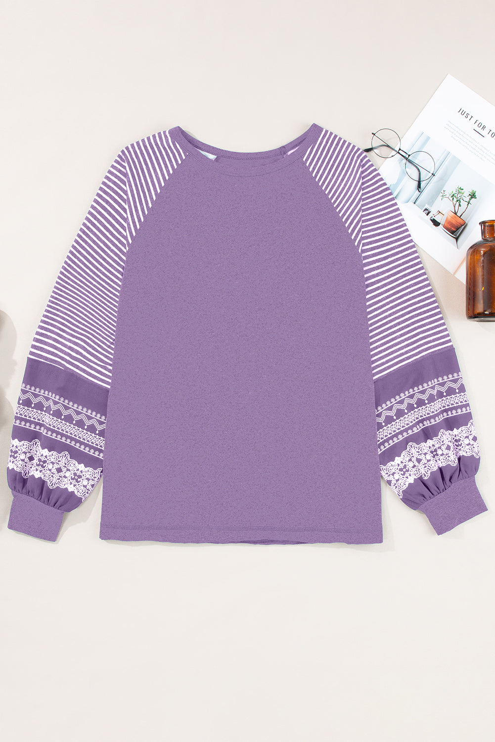 Contrast Print Striped Raglan Long Sleeve Loose Top  Shop One Place