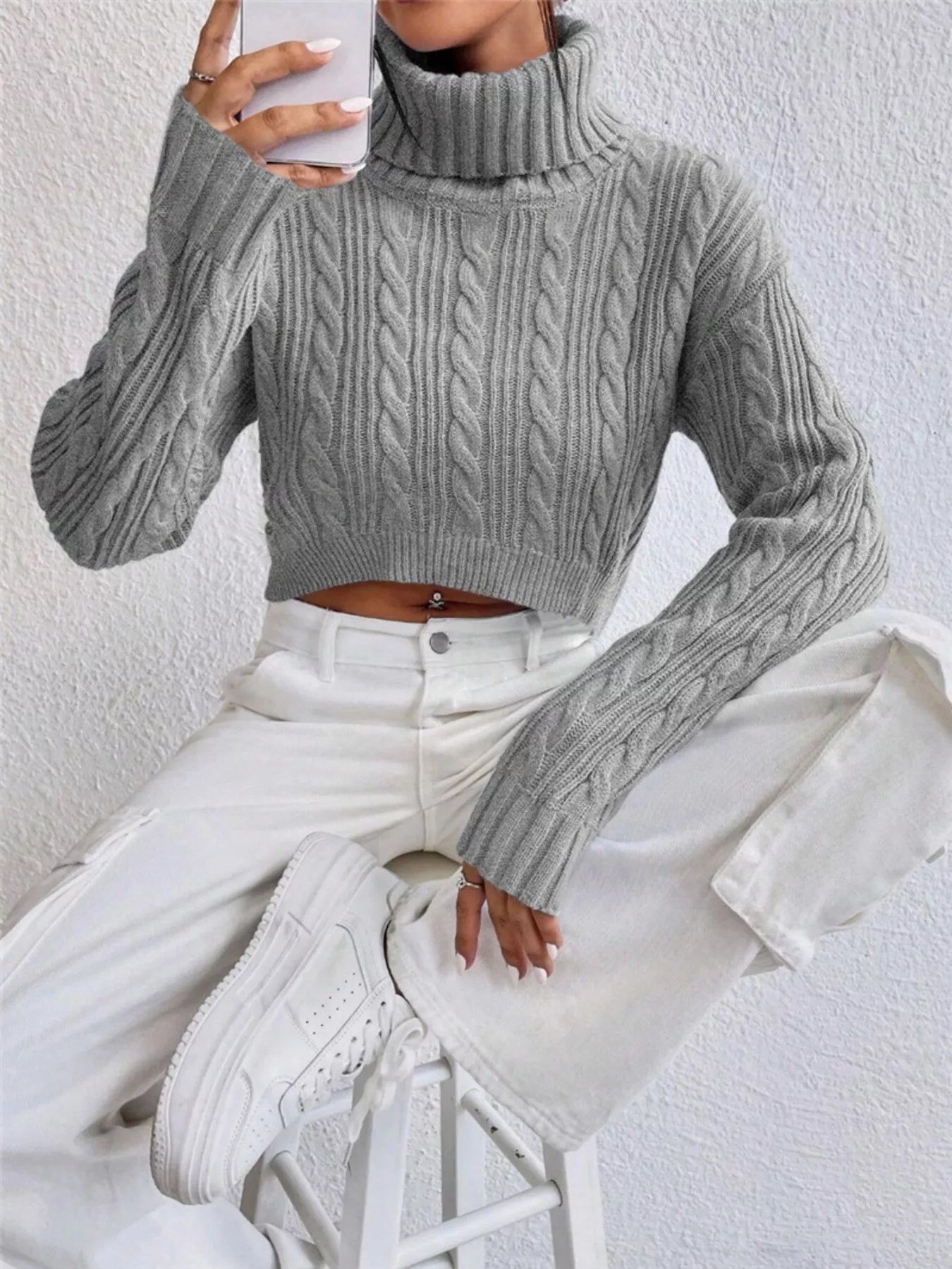 Cable-Knit Turtleneck Long Sleeve Sweater  Shop One Place