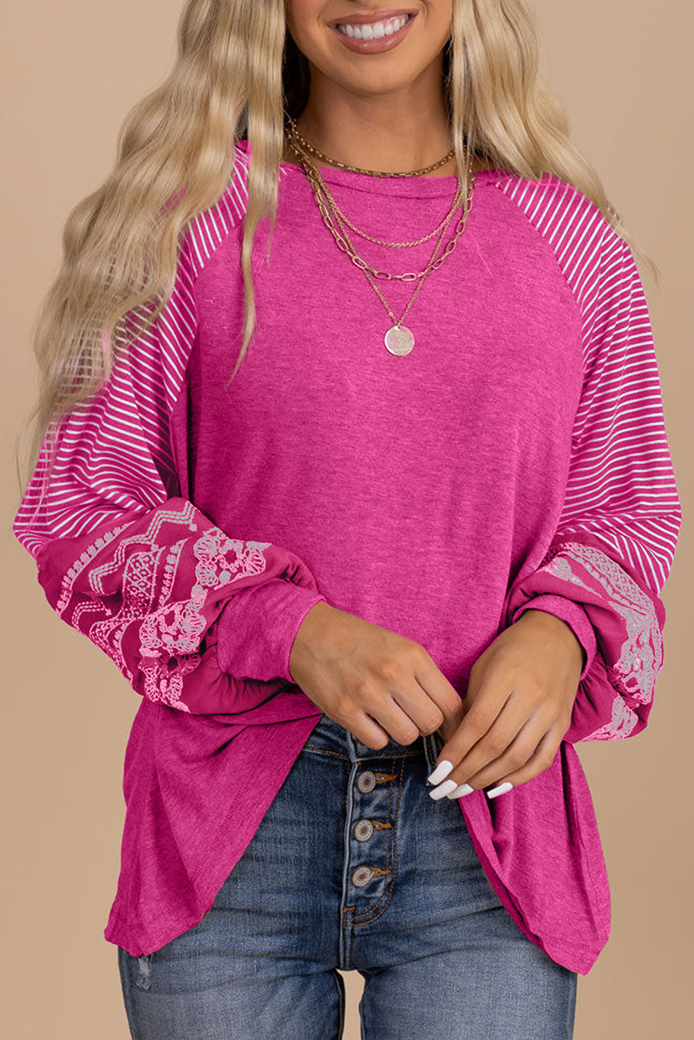 Contrast Print Striped Raglan Long Sleeve Loose Top  Shop One Place