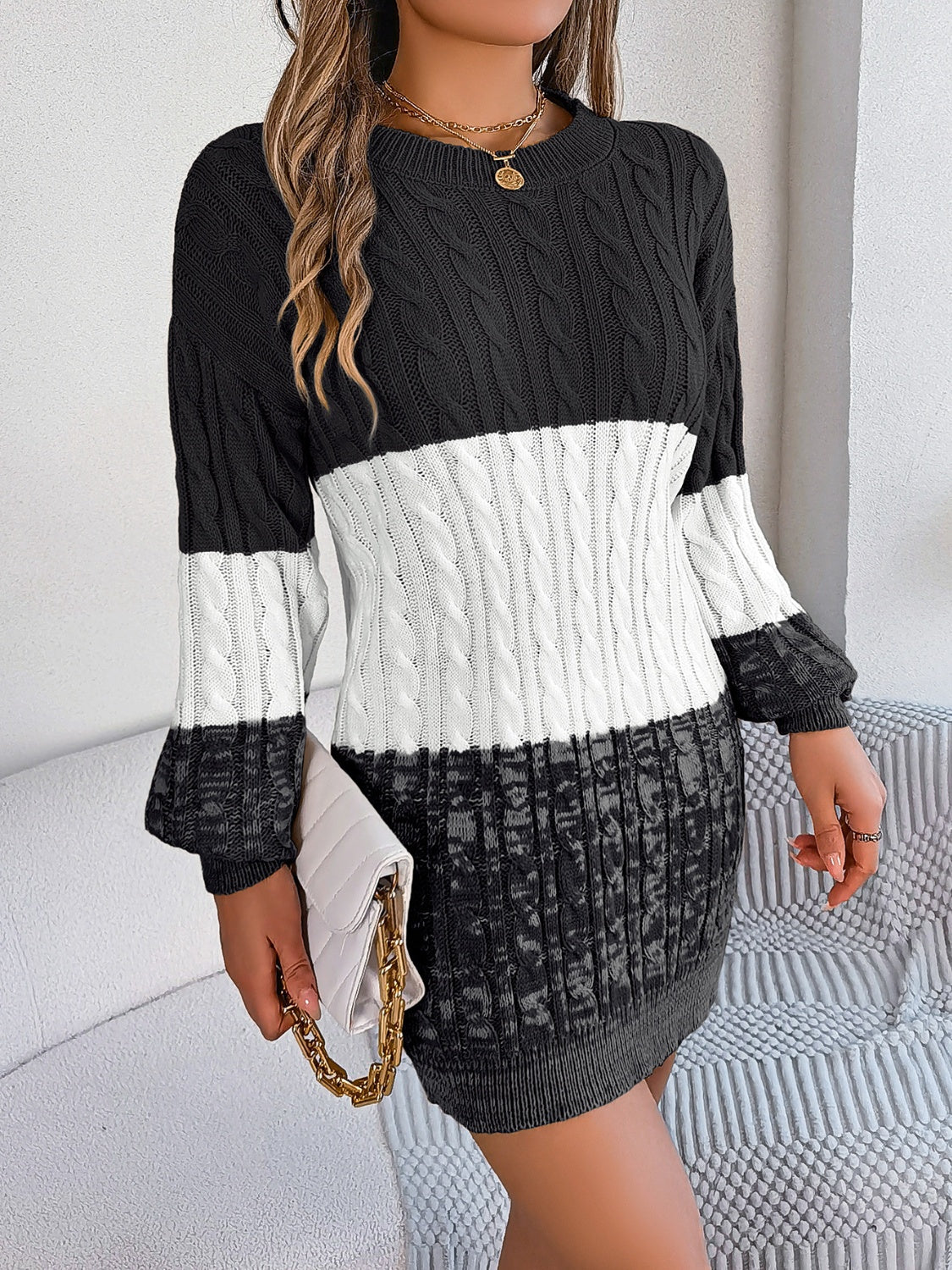 Cable-Knit Round Neck Color Block Sweater Dress  Shop One Place