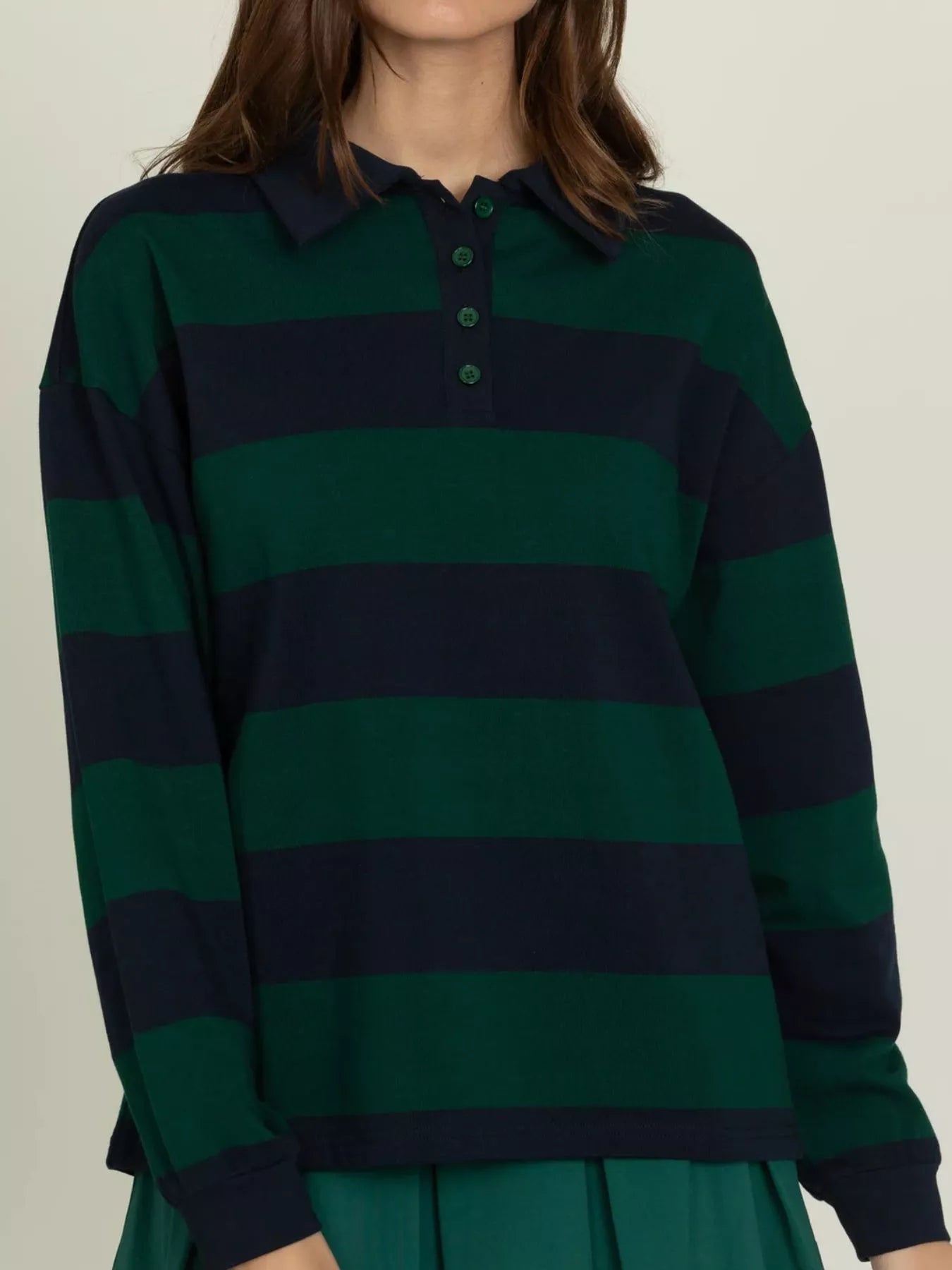 Striped Polo Collar Sweatshirt with Button Details  Shop One Place